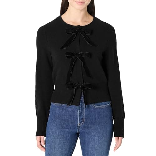 Amazon Essentials (Demi's Pick) Women's Regular-Fit Long-Sleeve Tie Front Cardigan with Bows, Black, X-Large