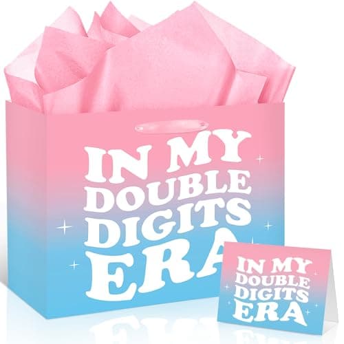 TagreSpike Large 10th Birthday Gift Bag for Girls Pink Blue Double Digits Birthday Gift Bag with 10th Bday Wrapping Paper and Card In My Double Digits Era Party Decor for Girls 10 Year Old Bday Gifts