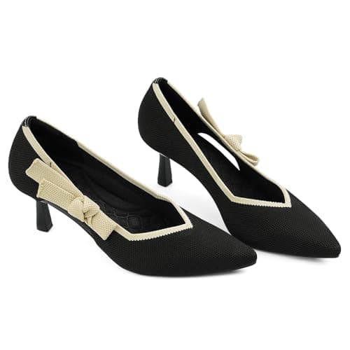 JENN ARDOR Low Kitten Heels Black Dress Shoes for Women Comfortable Knit Mid Heeled Pumps Closed Pointed Toe Stiletto Casual Dressy Wedding Party Prom Office Shoes 10