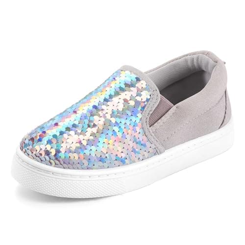 K KomForme Toddler Slip on Sneakers Girls Sparkle Sequins Canvas Walking Shoes,Size 7 Toddler, Grey Colorful