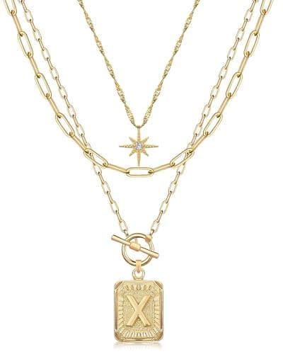 MJartoria Layered Initial Necklaces for Women Trendy, 14K Gold Plated Simple Star Choker Square Letter Pendant Necklace, Paperclip Chain Necklace, Gold Necklaces Jewelry Gifts (Gold, X)