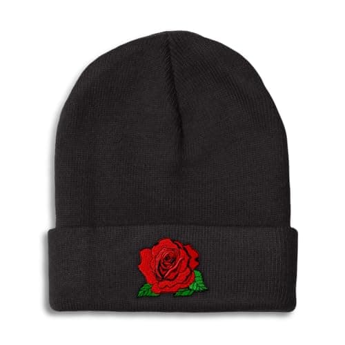 Beanies for Men Red Rose Style B Embroidery Flowers Funny Winter Hats for Women Acrylic Skull Cap 1 Size Black Design Only