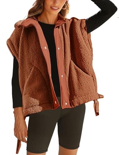 Yeokou Women's Fleece Vest Casual Sleeveless Button Down Winter Warm Sherpa Jacket with Pockets(-Rust-M)