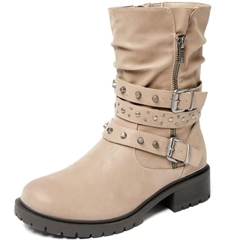 Ruiee Women's Wide Width Ankle Boots True Plus Size Wide Foot Flat Slouchy Booties Comfort Riding Combat Rivet Short Boots for Women.DM250372 Taupe PU Size8