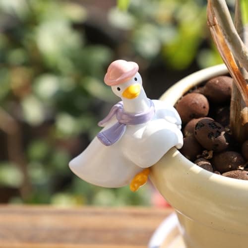 JARPSIRY Cute Miniature Hanging Duck Figurines Flower Pot and Vase Hugger, Funny Small Resin Goose Statue for Bonsai Terrarium Edge Decor Planter Pot Hanger Fairy Garden Ornaments (Pink Hat)