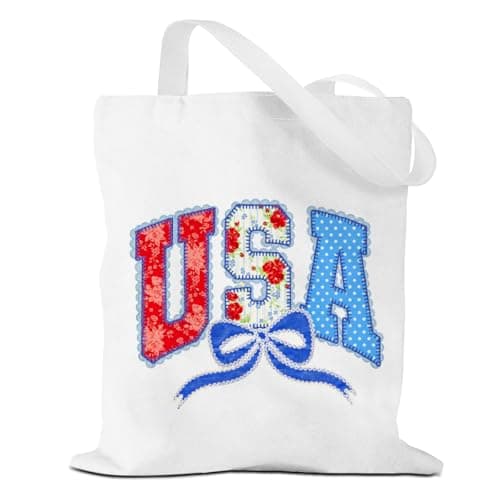 USA Patriotic Coquette Canvas Tote Bag, Preppy 4th of July Independence Memorial Day Reusable Shoulder Bag, Gifts for Women Girls Sister Best Friend Coworker, Shopping Travel Beach Gym Grocery Bags