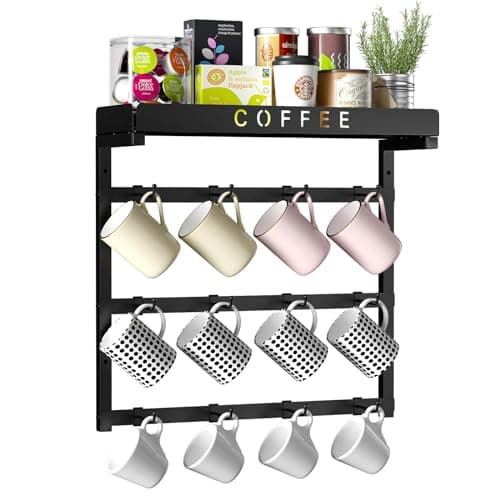 RCHYFEED Coffee Mug Holder Wall Mounted,Metal Mug Rack with 12 Movable Hook