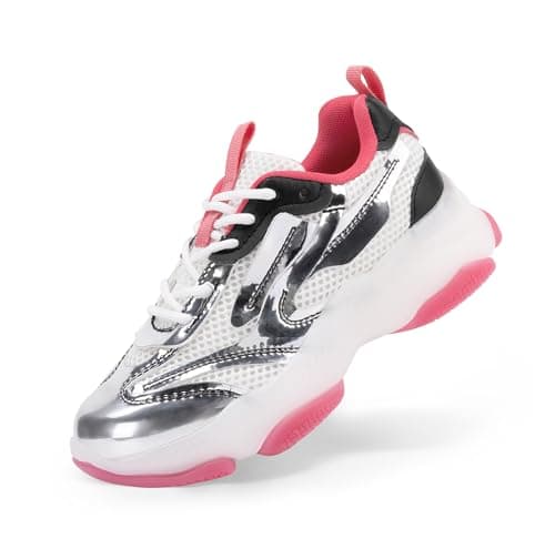 DREAM PAIRS Kids Girls Sneakers Jelly Sole Lace up Shoes Lightweight Walking Shoes for Girls Boys,Size 13 Little Kid,Silver/Hot Pink,KKUMFN2503