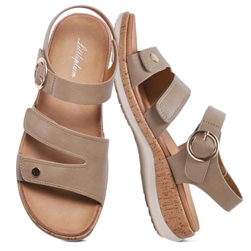 Womens Sandals Arch Support Flat Sandals Adjustable Comfy Orthotic Sandals for Women Summer Walking Shoes for Beach,Travel,khaki,Size 7.5