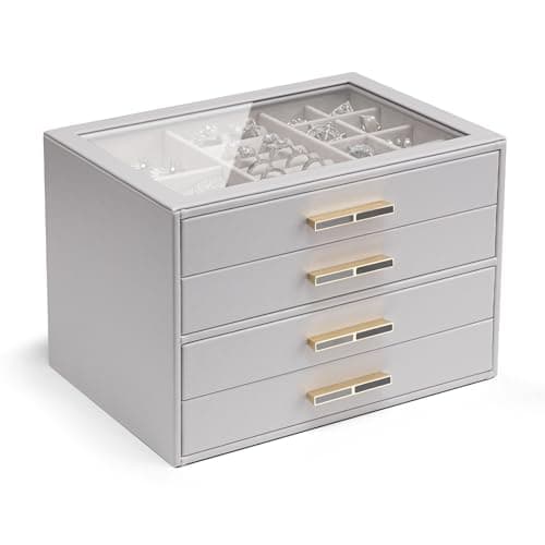 VLANDO 4-Drawer Jewelry Box with Glass Lid, Faux Leather Organizer for Rings Earrings Necklaces and More, Gift-Ready Jewelry Case for Women Girls or Moms, Grey