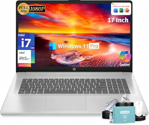 HP 17 Inch Laptop, Intel 10-Core i7 1355U, 32 GB RAM, 1 TB SSD, 17.3" FHD IPS Display, Intel Iris Xe Graphics, Wi-Fi 6, Bluetooth 5.4, Windows 11 Pro, AI Copilot, Business & Home Office Computer