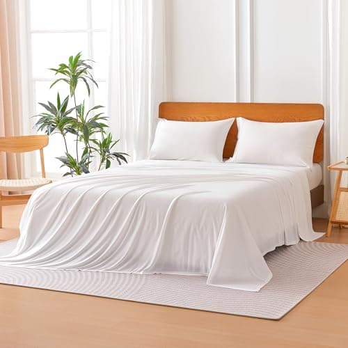 Amazon Basics Jersey Knit Microfiber 4-Piece Sheet Set, Wrinkle Free and Easy Fit, Includes 16" Deep Pocket Fitted Sheet, 1 Flat Sheet and 2 Pillowcases, King, White