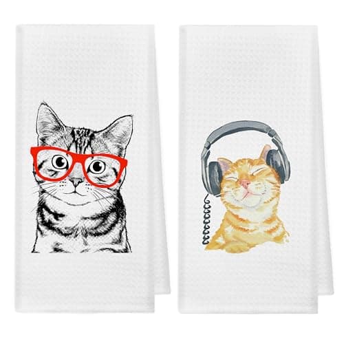 Kunlisa Cute Cat Towel Set - Decorative Kitchen Towels, Funny Cat Gifts (Set of 2 with Glasses)
