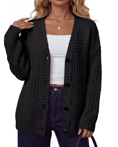 Arach&Cloz Women's Wool Blend Oversized Chunky Cardigan Sweater Black S