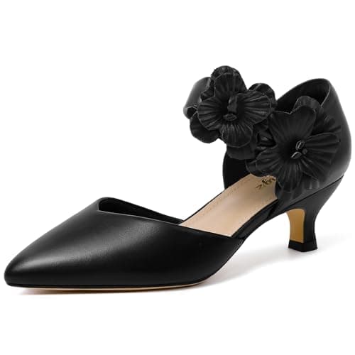 RIBONGZ Black Kitten Heels for Women Low Closed Toe Dressy Pumps Comfortable Slip On Flower Dress Shoes for Wedding Dancing Party Office Work Size 8
