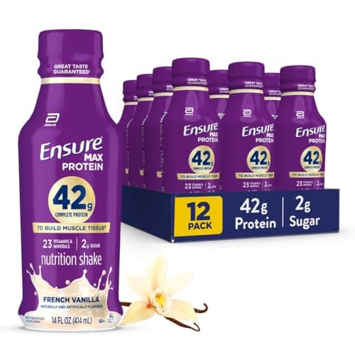 Ensure Max Protein Shake | 42g Complete Protein | French Vanilla | Ready to Drink | High Protein | 23 Vitamins & Minerals | 2g Sugar | 14 fl oz, 12 Pack