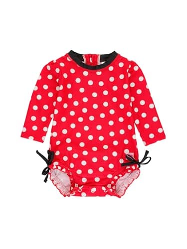 RuffleButts Baby Girls Polka Dot Long Sleeve Rash Guard - UPF 50+ One Piece Swimsuit