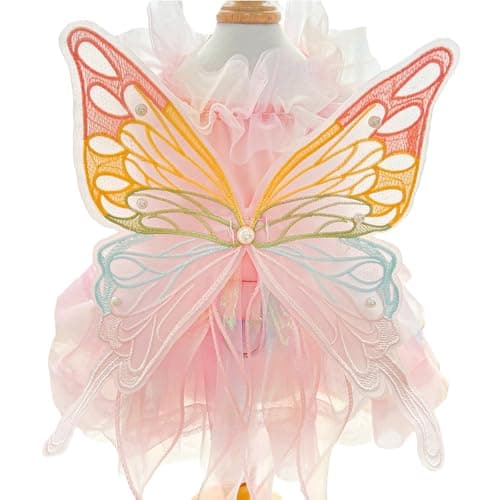 SEIS Butterfly Wings Dog Dress Lace Pet Wedding Skirt Summer Princess Cat Tutu Cute Elf Puppy Outfit for Small Medium Dogs Birthday Party (Pink, M (Chest Circumference 17.7"))
