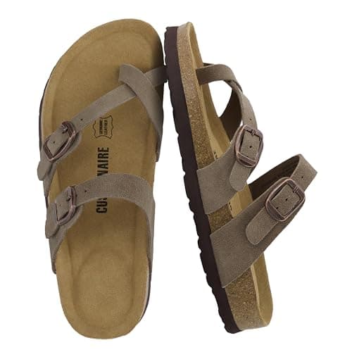 CUSHIONAIRE Lucky 100% Genuine Leather Suede Womens Sandals, Comfortable Cork Footbed Slides for Women with Adjustable Buckles, MOSS 11
