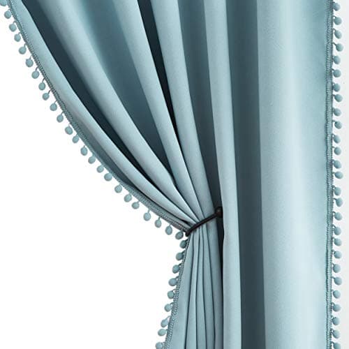 Treatmentex Blue Pompom Curtains for Bedroom Living Room 95 inch Triple Weave Half Blackout Window Curtains for Hotel Men's Guest Room Drapes 52" w x2 Panels Rod Pocket
