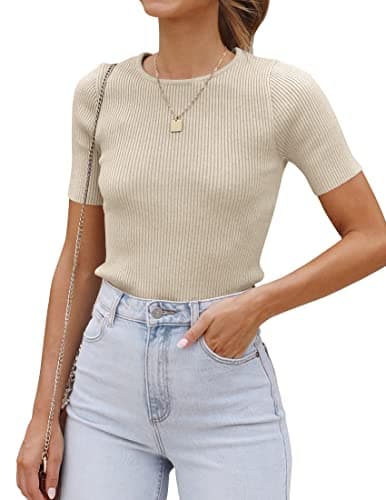 ZESICA Women's Short Sleeve Sweater Tops 2025 Summer Crewneck T Shirt Ribbed Knit Slim Fit Basic Solid Color Tee,Almond,Medium