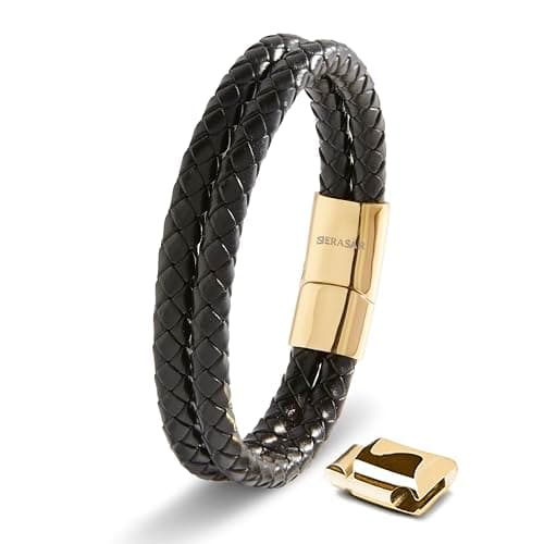 SERASAR Leather Men Bracelet Black Stainless Steel Pulsera Hombre 9 inch