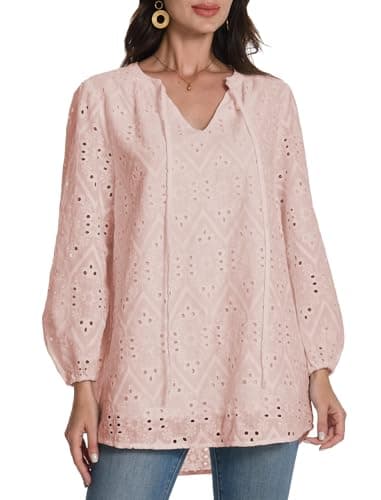 LUXEBOLD Womens Tops Dressy Casual V Neck Blouses Long Sleeve Tunic Hollow Out Lace Embroidered Shirts Pink S