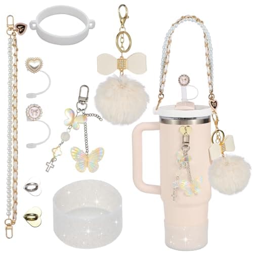 Stanley Cup Accessories 9-Piece Kit for 40oz & 30oz | Silicone Fashion Straw Covers, Sparkle Cup Boot, Pearl Handle Strap, Hairball Bow Charms | Bling Decoration Gift for Women Girls