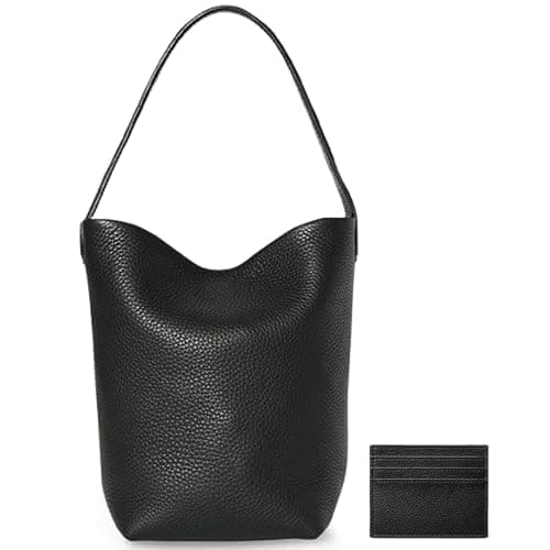 Genuine Leather Bucket Bag with Credit Card Holder Wallet, First Layer Pebble-grained Calfskin Tote Bag (Black, Medium)