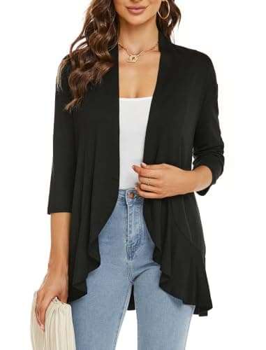 YnimioAOX Women Cardigan Sweater Open Front Lightweight Knit, Black, M