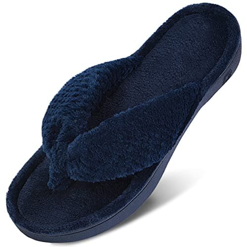 DL Women's Flip Flop Memory Foam Slippers with Cozy Terry Lining Soft Thong Slippers Slip on House Shoes with Indoor Outdoor Arch Support Rubber Sole, Navy, 11-12