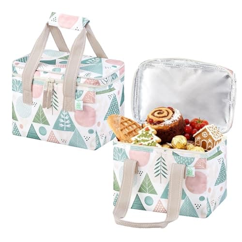 VENO 2 Pack Insulated Lunch Bag for Women Men, Reusable Lunch Box Grocery Shopping Bag Small Cooler with Handles Zippers for Work Office Picnic Beach (Pastel Forest)
