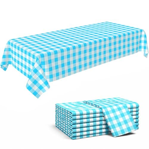 Turquoise Blue Gingham Tablecloth 8 Pack, Disposable Plastic 54 x 108 Inch