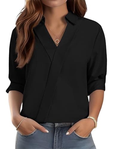 LOMON Black Dress Shirt Women Trendy 3/4 Sleeve Collared Shirt Bussiness Casual V Neck Work Blouses Loose Fit Summer Outfits (Black,L)