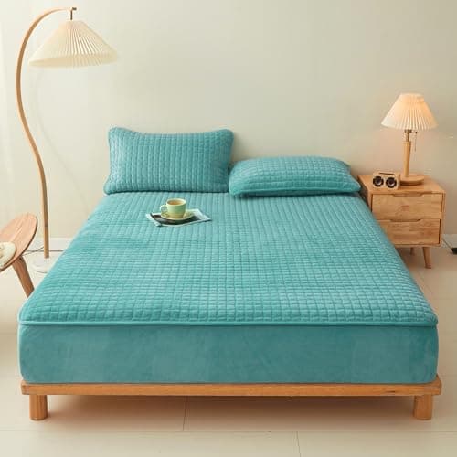 LweiPsqLin Quilted Flannel Fitted Sheets,Soft Flannel Fleece Mattress Top- Suitable for Fall and Winter,Fitted Deep Pocket Up to 15''. (LightSeaGreen, Queen)