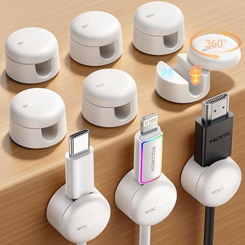 9-Pack Cable Clips [Upgraded], Rocoren Magnetic 360° Rotatable Cord Holder, Adhesive Cable Management Organizer, Wire Keeper for Nightstand Desk Car Home Office Accessories White