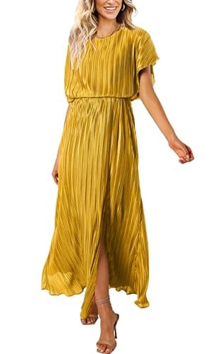 ECOWISH Women Maxi Dresses Cocktail Party Wedding Guest Formal Pleated Long Dress Short Sleeve Slit Empire Waist Evening Gown Yellow Small