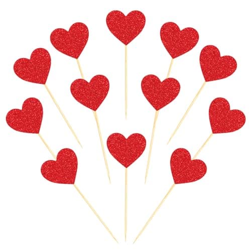 Hooqict 40Pcs Red Heart Cupcake Toppers Glitter Sweet Love Valentine's Day Cupcake Toppers Birthday Cake Topper Decorations for Happy Valentines Galentines Day Anniversary Party Cake Decorations