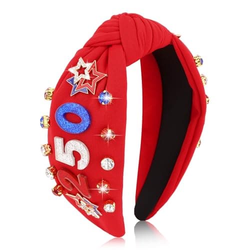 Jaciya Patriotic Knotted Headband for Women - 250 Anniversary Head Band Red Headband with Star Rhinestone & Glitter Accents, 4th of July Party Decorations Summer Party Hair Accessory