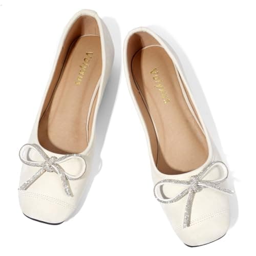 Volyxus Women's Ballet Flats Cap Toe Bow Flats Two Tone Slip On Flats Comfort Square Toe Dressy Flat Shoes for Casual Work