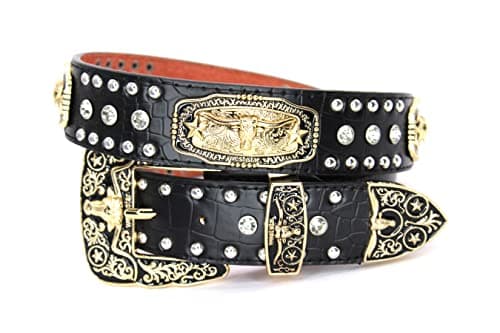 West Star Texas Western Belt - Genuine Leather Longhorn Concho with Silver Studs & Crystal Clear Rhinestones - Cowboy Rodeo Style (Black, XL)
