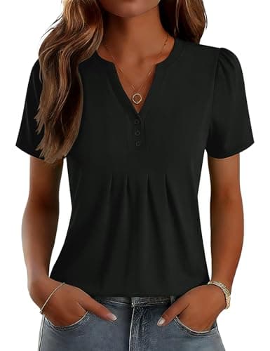 LOMON Cotton Tunic Tops for Women Loose Fit Short Sleeve V Neck Shirts Summer Casual Basic Tee Hides Belly Black M