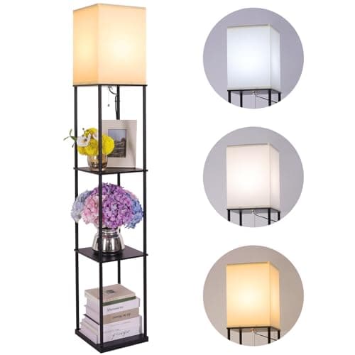 Gupuzm Floor Lamp with Shelves, Modern Square Standing Lamp with 3 Color Temperature Bulb, Corner Display Bookshelf Lamp for Living Room, Bedroom and Office (Black)