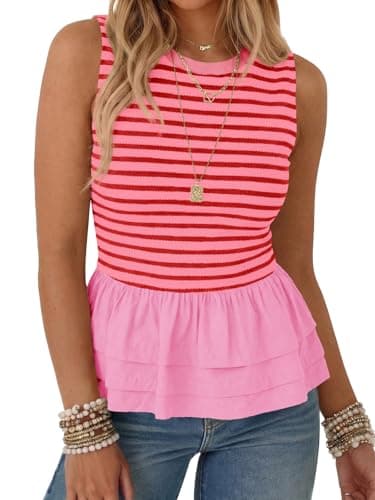 Tankaneo Womens Summer Striped Peplum Tank Tops Casual Crew Neck Sleeveless Shirts Color Block Loose Fit Ruffle Blouse Pink