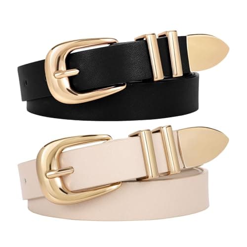 WERFORU 2 Pack Women Leather Belt Fashion Leather Waist Belt for Pants Jean Ladies Western Belt with Gold/Silver Buckle,Fit Waist Size 26-30 Inches,Black+beige