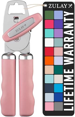 Zulay Kitchen Heavy Duty Stainless Steel Can Opener Manual with Bottle Opener - Rust Proof Manual Can Opener With Turn Knob & Comfy Soft Grip Handles - Pink
