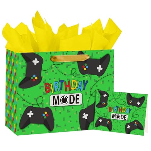 Loveinside 13" Large Birthday Game Gift Bag, Birthday Mode Gaming Controller Design Gift Bag with Tissue Paper, Video Game Party Bag for Kids Boys Teens, Gamer Celebration, 13" x 5" x 10", 1 Pcs