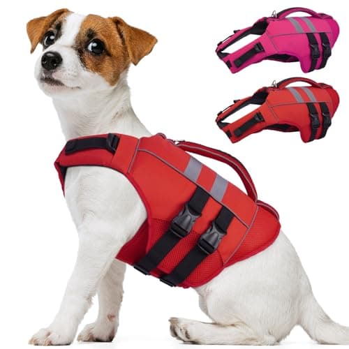 Kuoser Dog Life Jacket, High Flotation Puppy Life Vest for Swimming Boating, Reflective Dog Water Vest Pet Flotation Preserver with Rescue Handle, Red S