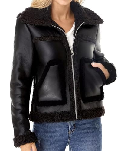 WYOYW Faux Fur Leather Jacket Women Sherpa Lined Shearing Coat Black L