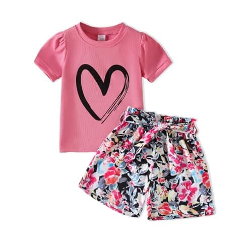 HSOXLQF Kids Girl Clothes Heart Print Short Sleeve Top and Floral Shorts Cute Girl Summer Outfits Short Set(5-6T)